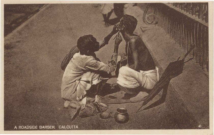 A Roadside Barber Shaving Beard Calcutta Old Indian Hairdresser Postcard