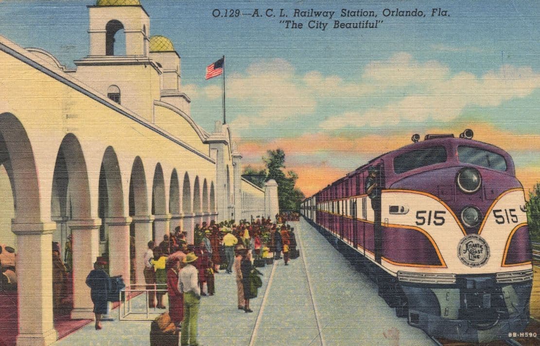 A.C.L. Railway Station Orlando Florida USA Train Old Linen Postcard