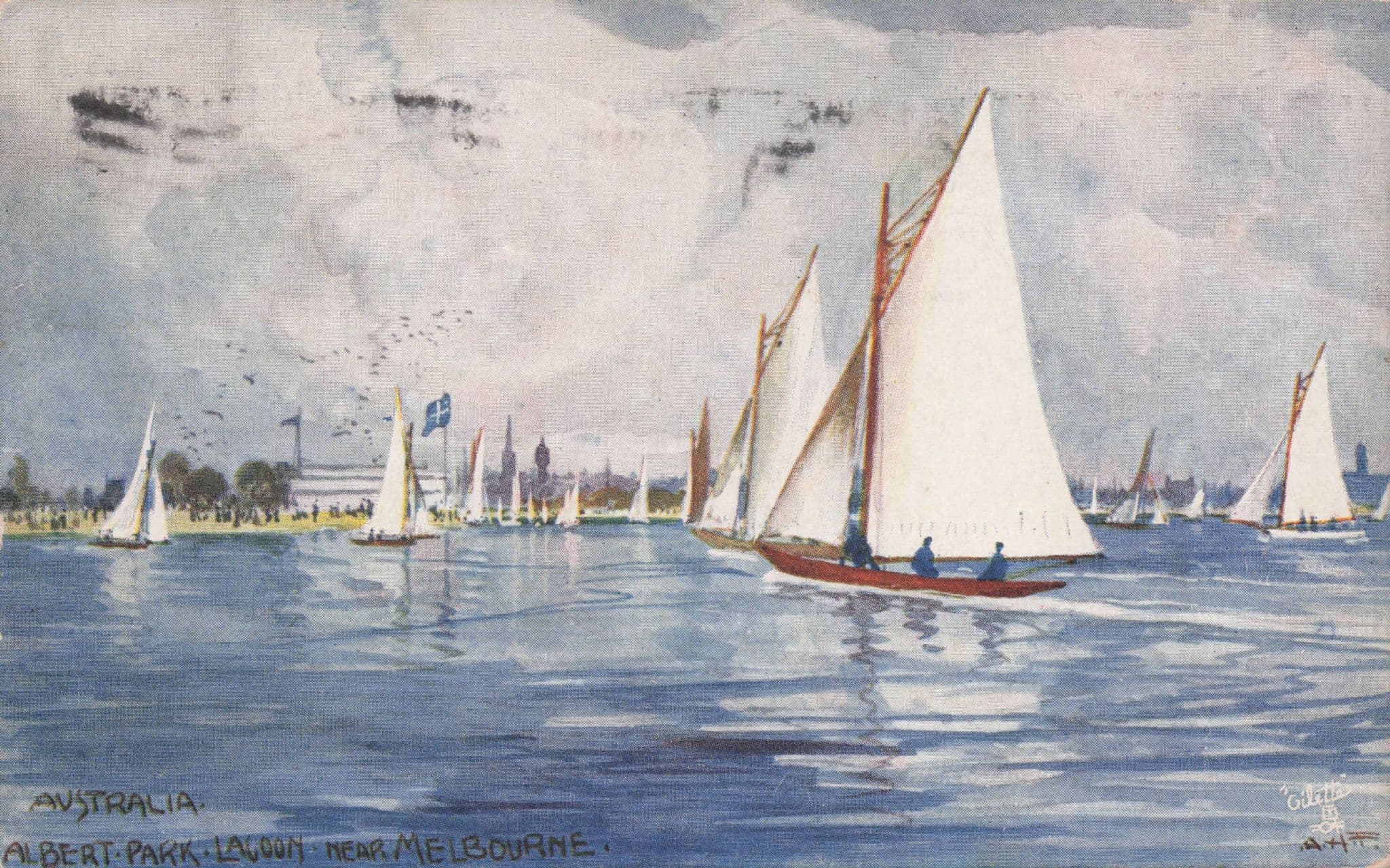 Albert Park Lagoon Melbourne Australia Ships Old Tucks Rare Postcard