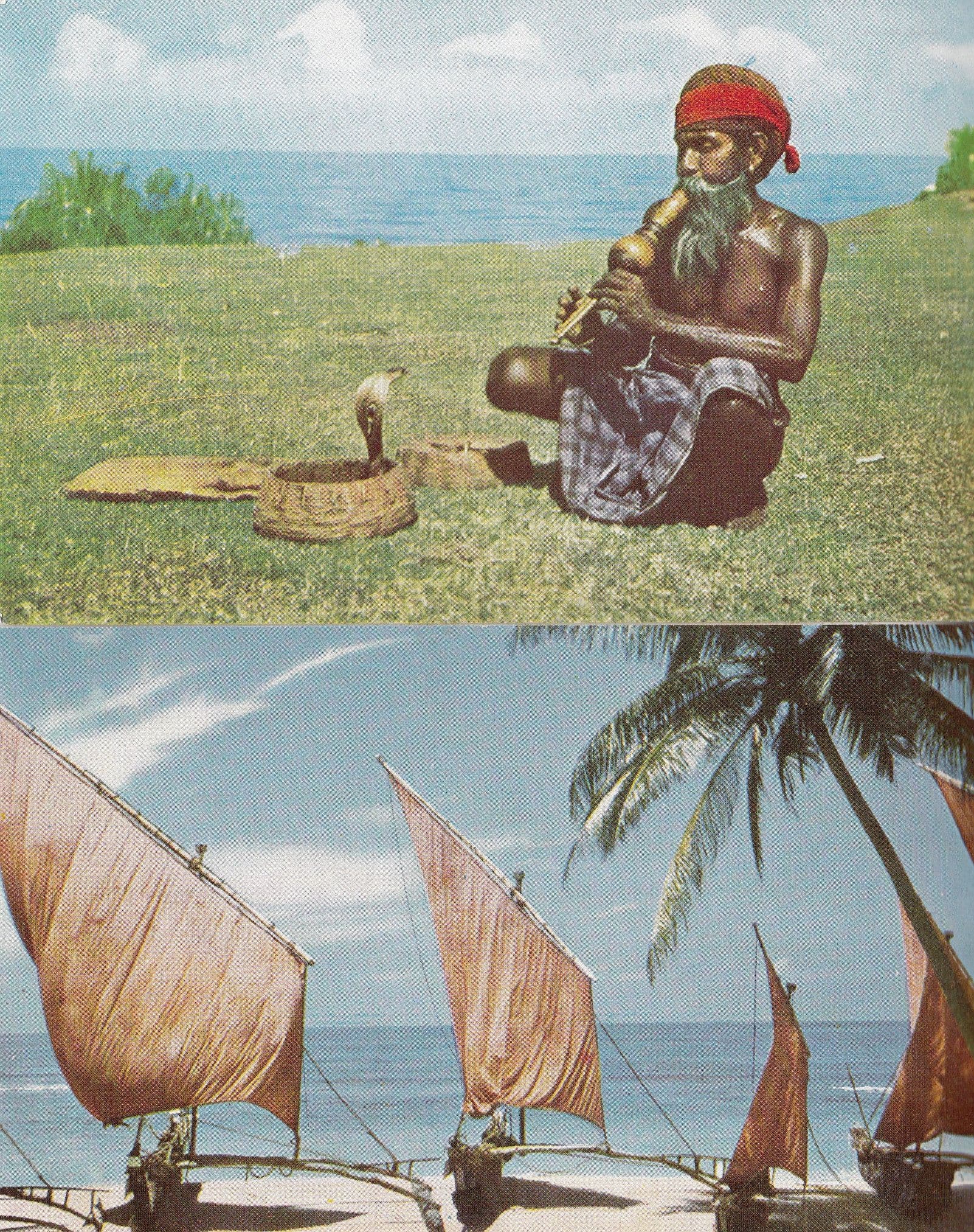 Candy Kandy Ceylon India Snake Charmer Fishing Boats 2x Postcard s