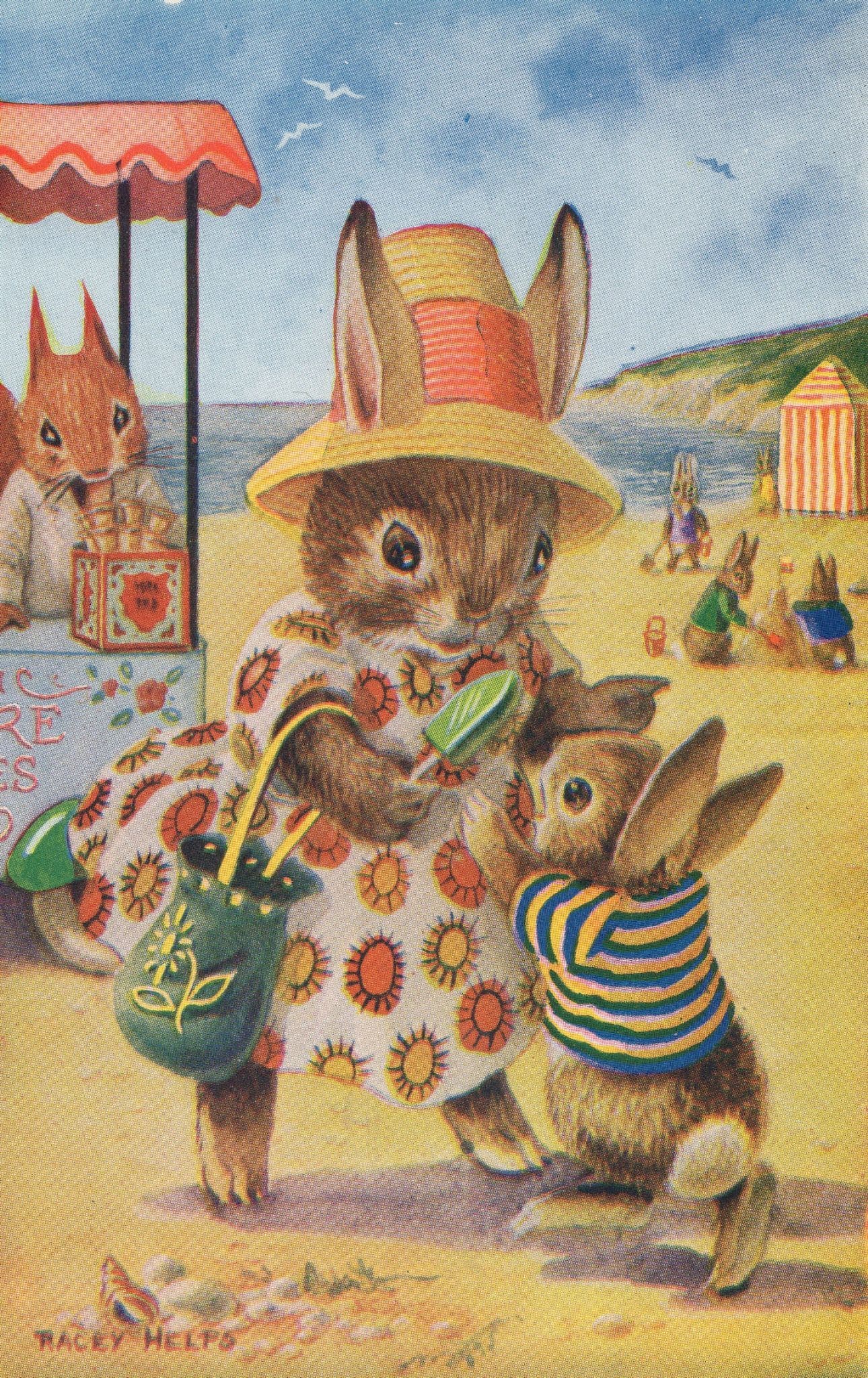 At The Seaside Racey Helps Bunny Rabbit Ice Cream Medici Postcard