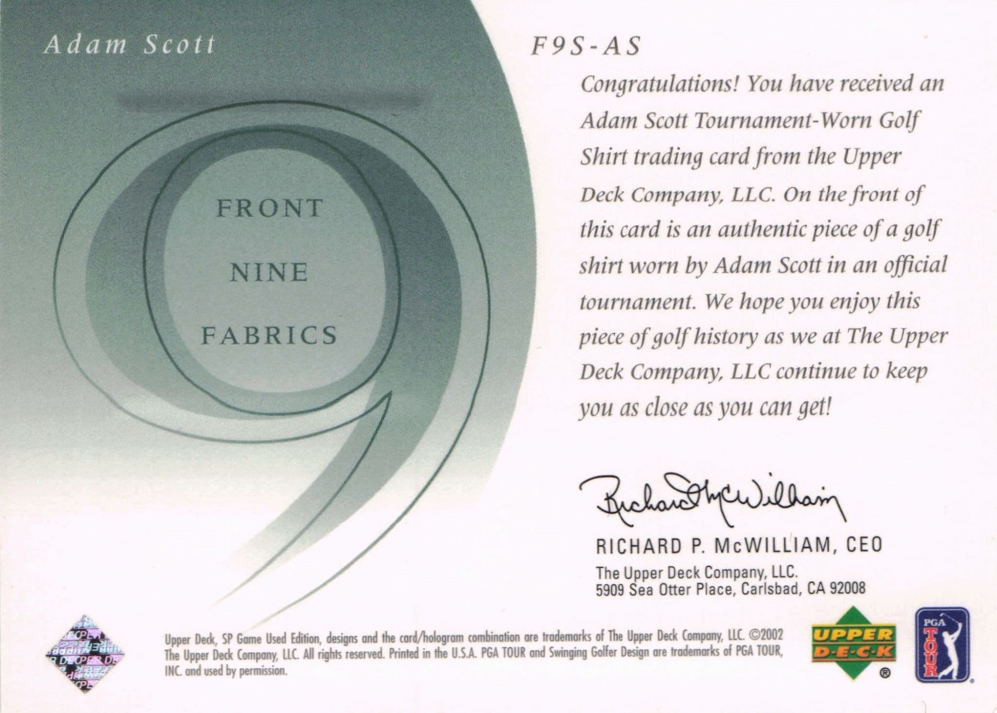 Adam Scott Front 9 Fabric 2002 Upper Deck Authentic Shirt Card