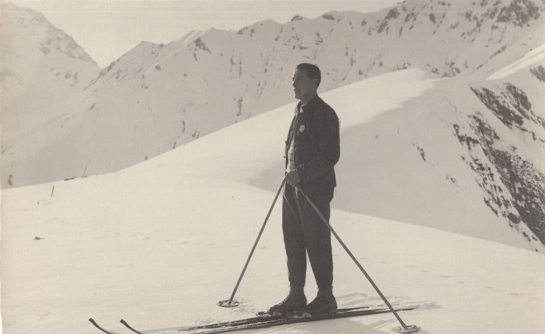 Adelboden Alpine Skier Admiring Mountain Ski Slopes Switzerland Postcard