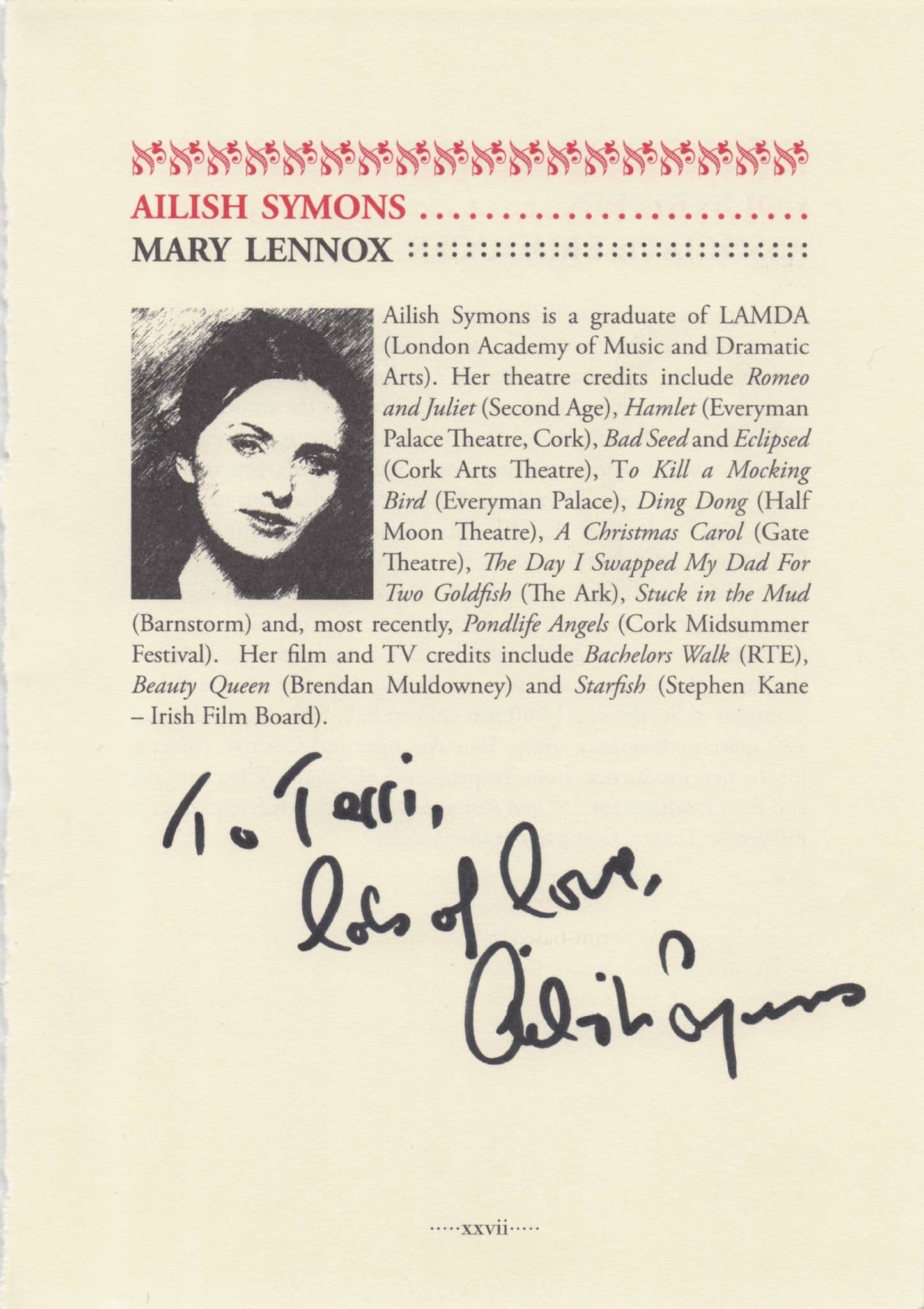 Ailish Symons in The Secret Garden Play Hand Signed Theatre Page Photo Autograph