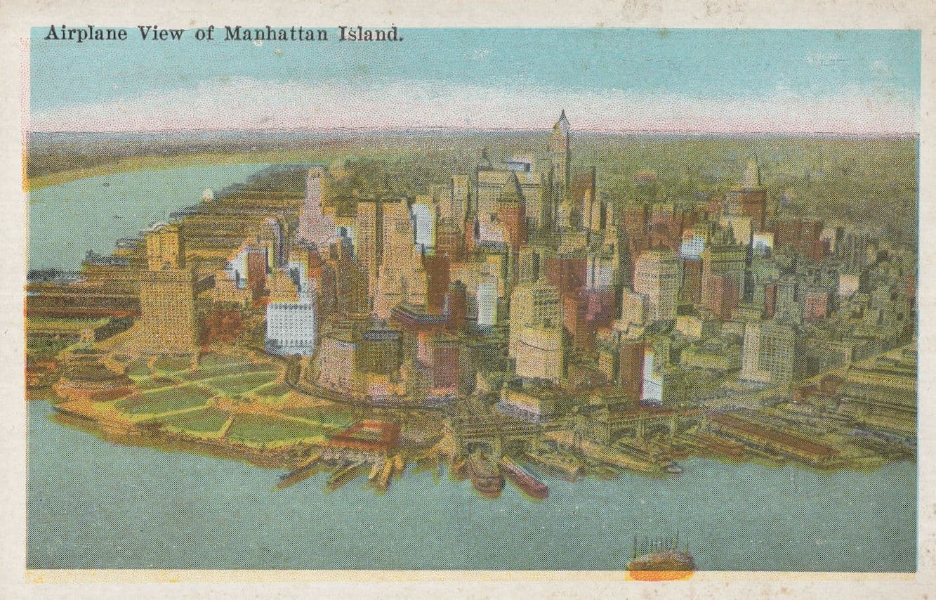 Airplane View Of Manhattan Island Old USA Postcard