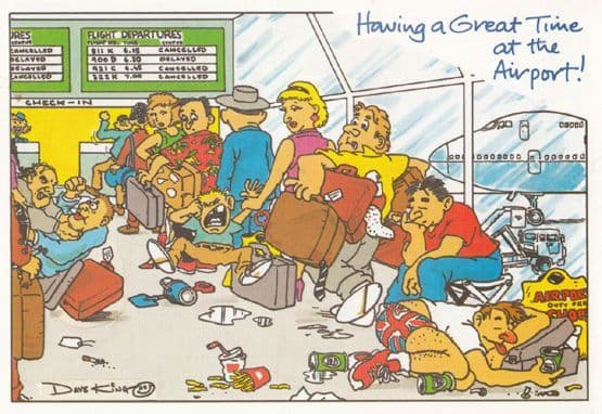 Airport Delay Bus Trip Disaster 2x BIG Comic Humour Postcard s