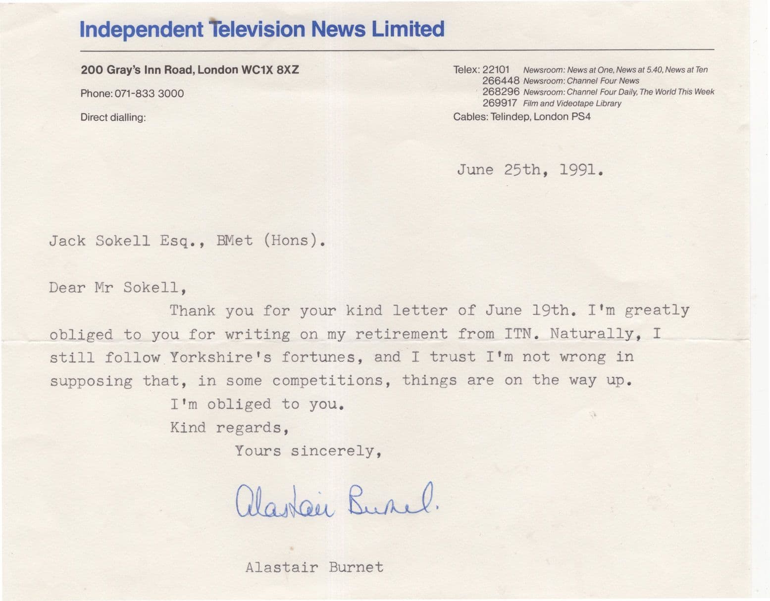 Alastair Burnet 1991 News Reader ITV Retirement Hand Signed Letter