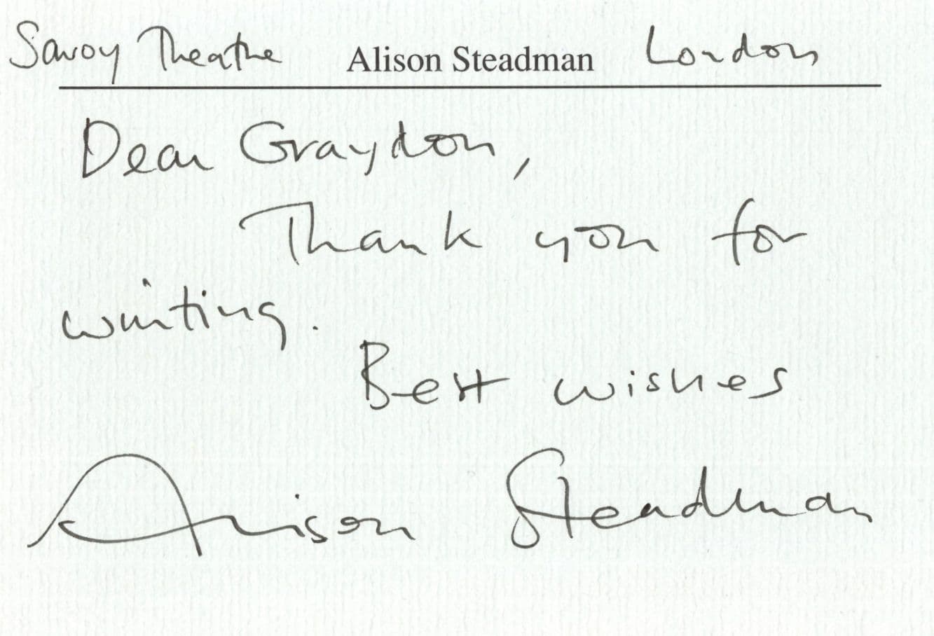 Alison Steadman Signed Official Headed Paper Card Autograph
