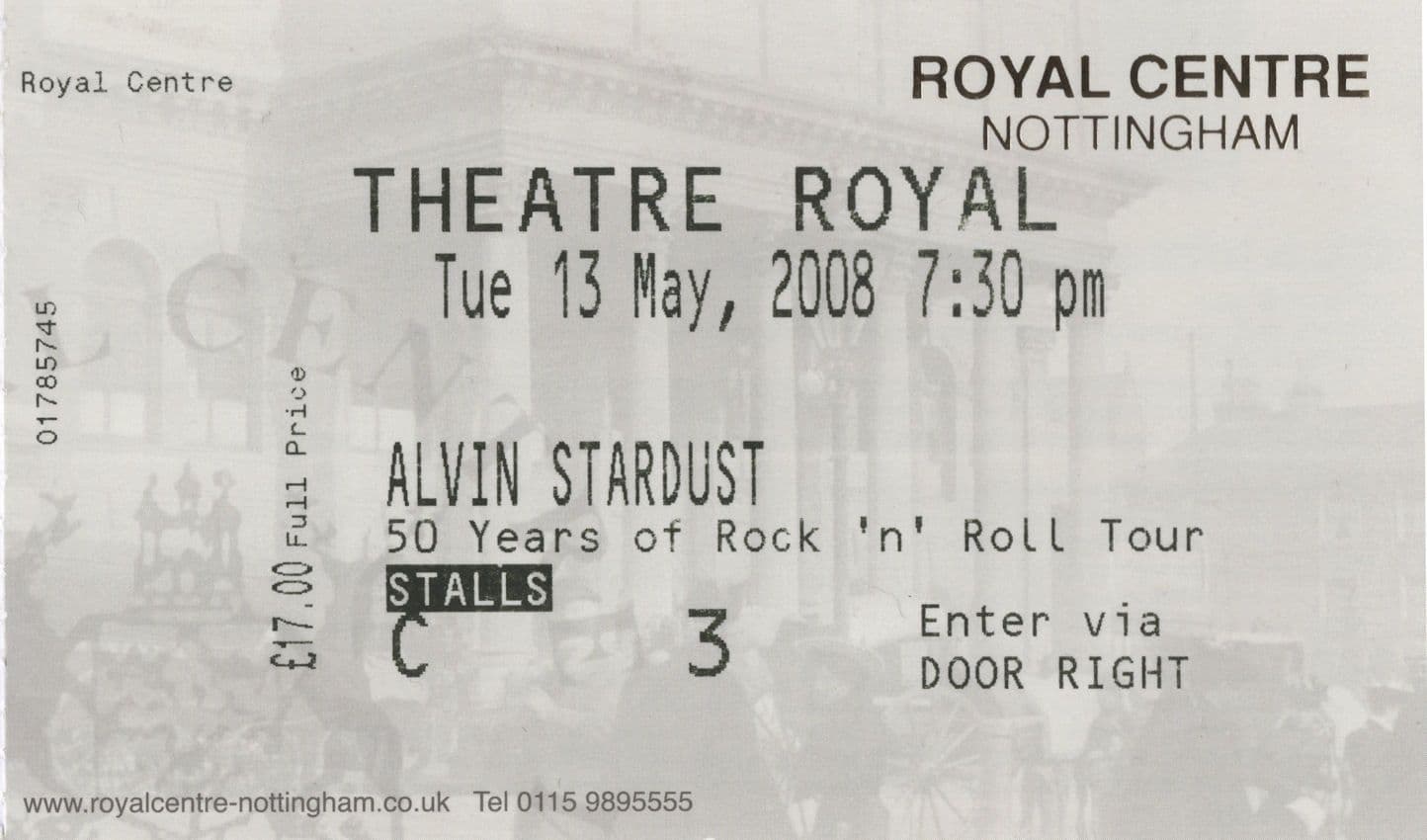 Alvin Stardust Glam Rock 2008 Nottingham Live Concert Ticket