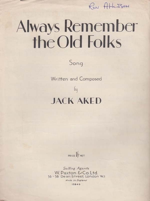 Always Remember The Old Folks Jack Aked 1950s Sheet Music