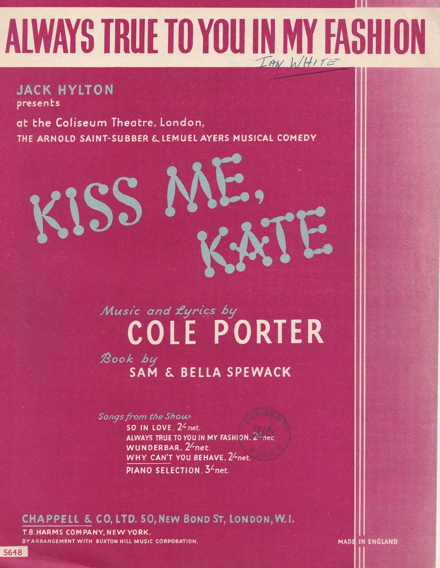 Always True To You In My Fashion Kiss Me Kate 1950s Sheet Music