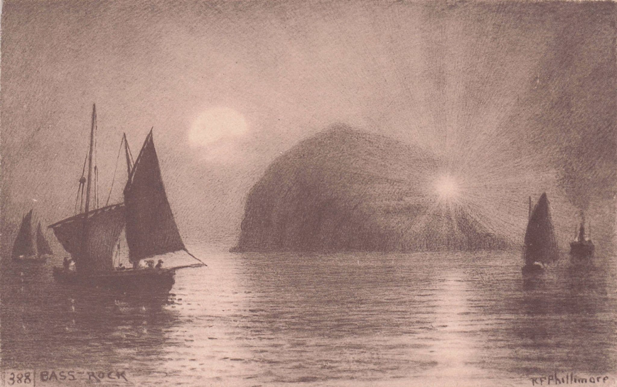 Amazing Double Sunset Bass Rock Phillimore Ships Scottish Postcard