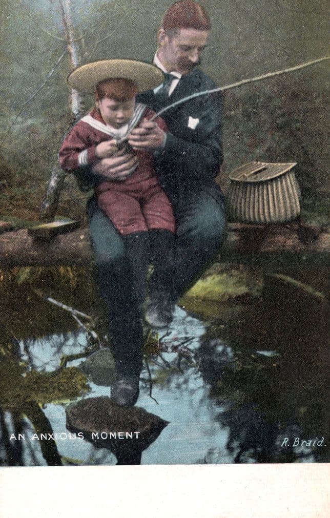 An Anxious Moment Father & Child Fishing Disaster River Edge Postcard