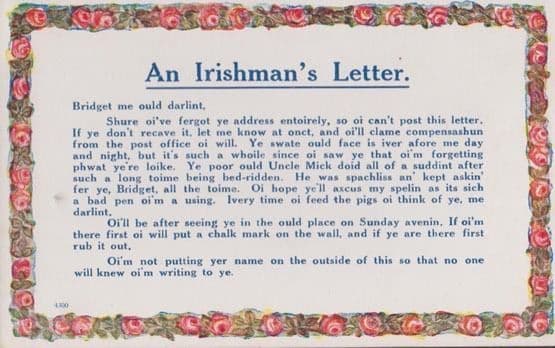 An Irishmans Letter To Bridget Love Comic Songcard Antique Poem Postcard