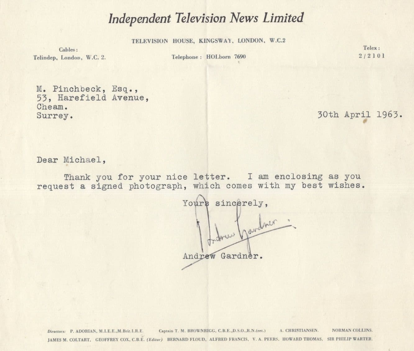 Andrew Gardner ITN News At 10 Reader 1960s Hand Signed Letter