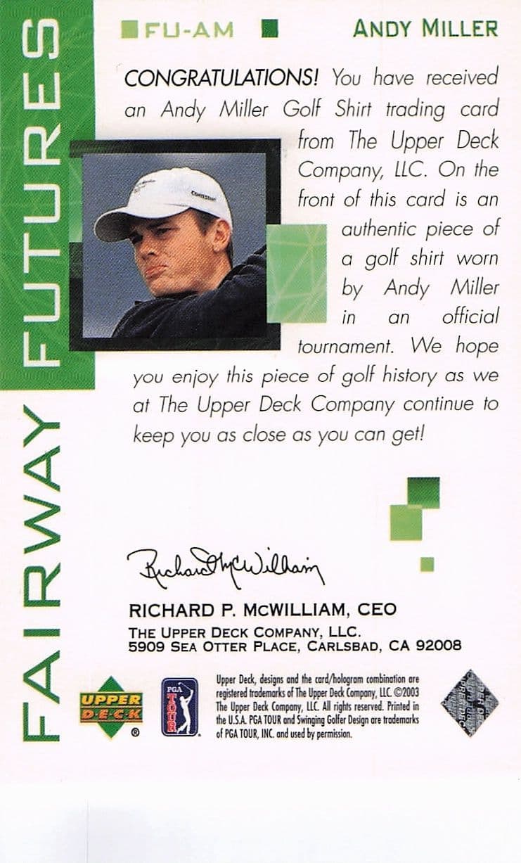 Andy Miller Fairway Futures Fabric 2003 Real Golf Shirt Trade Card