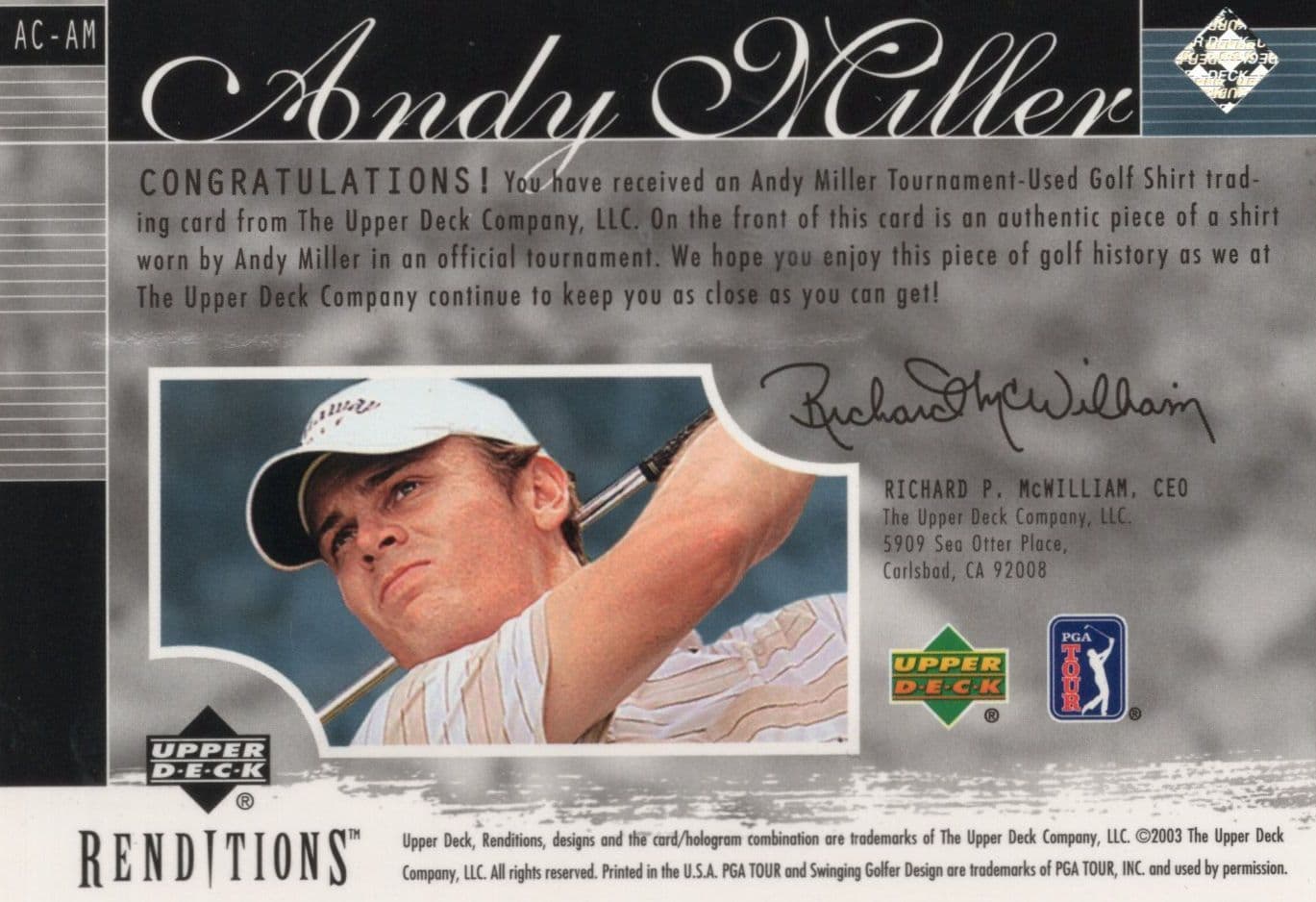 Andy Miller The Apparel Collection Golf Upper Deck Worn Shirt Card