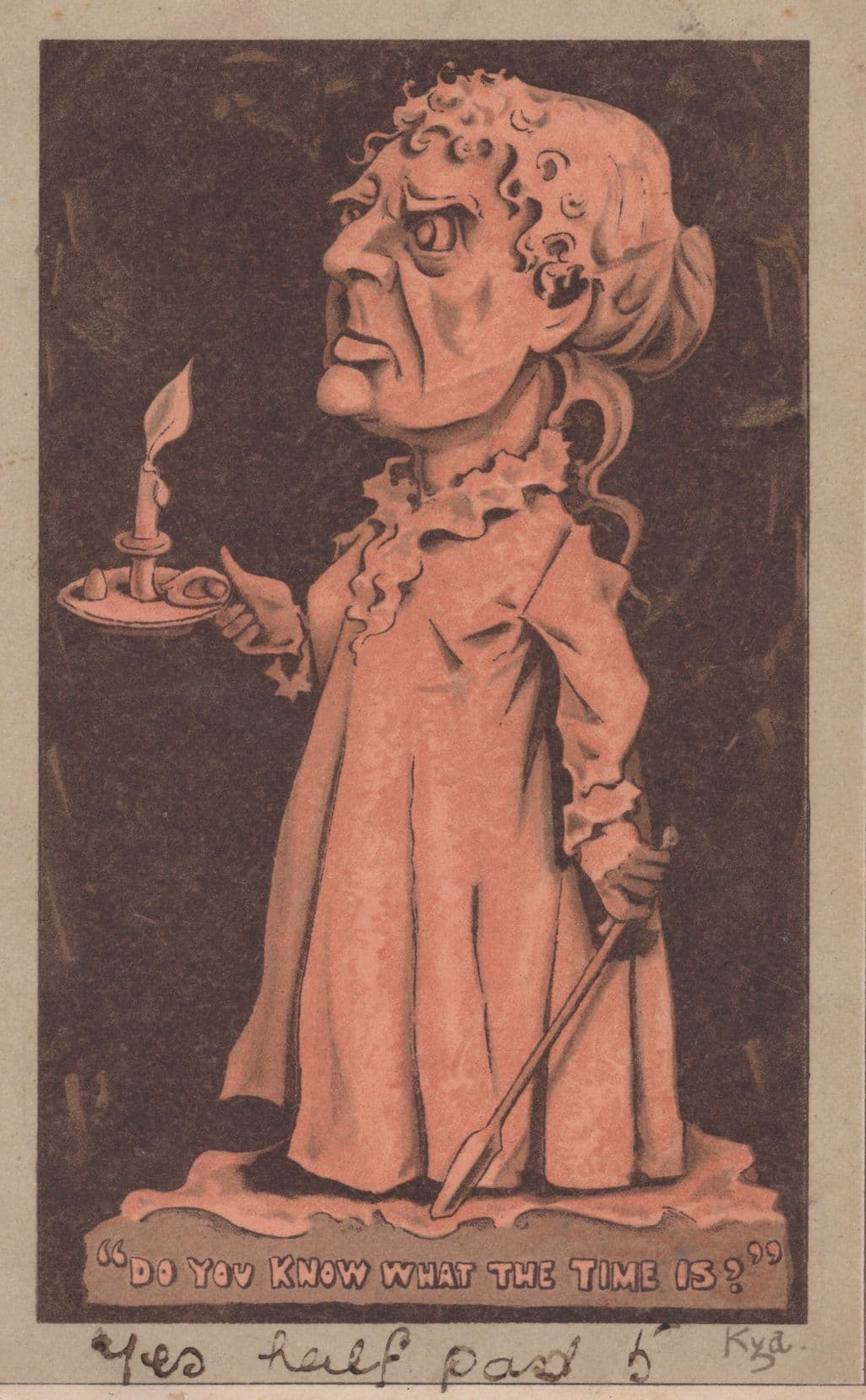 Angry Old Lady Candlestick Walking Stick Discipline Old Postcard