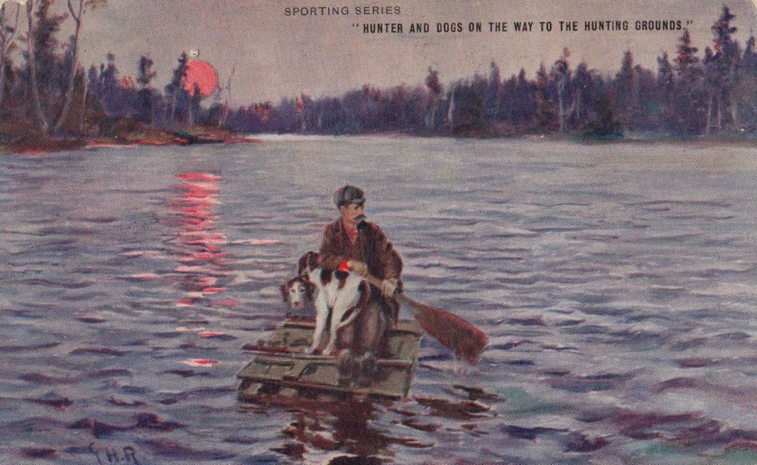 Animal Hunter With Dog On Way To Hunting Ground In Boat Raft Antique Postcard