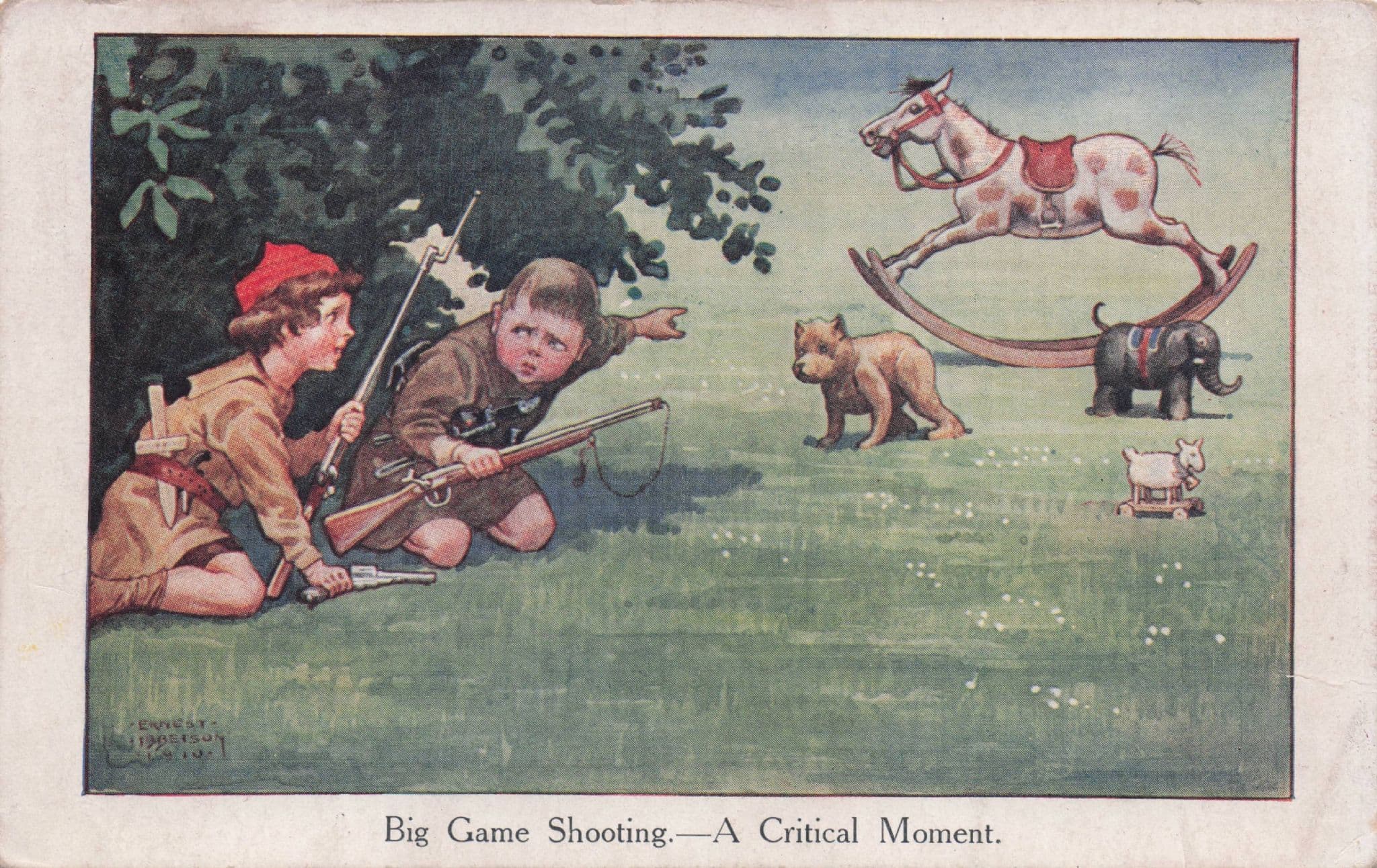 Animal Hunting Rocking Horse Boy Scouts Antique Comic Postcard