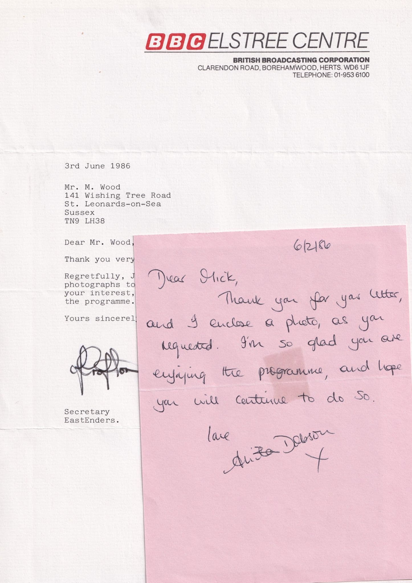 Anita Dobson Julia Smith Says Sorry 2x Hand Signed Eastenders Letter s