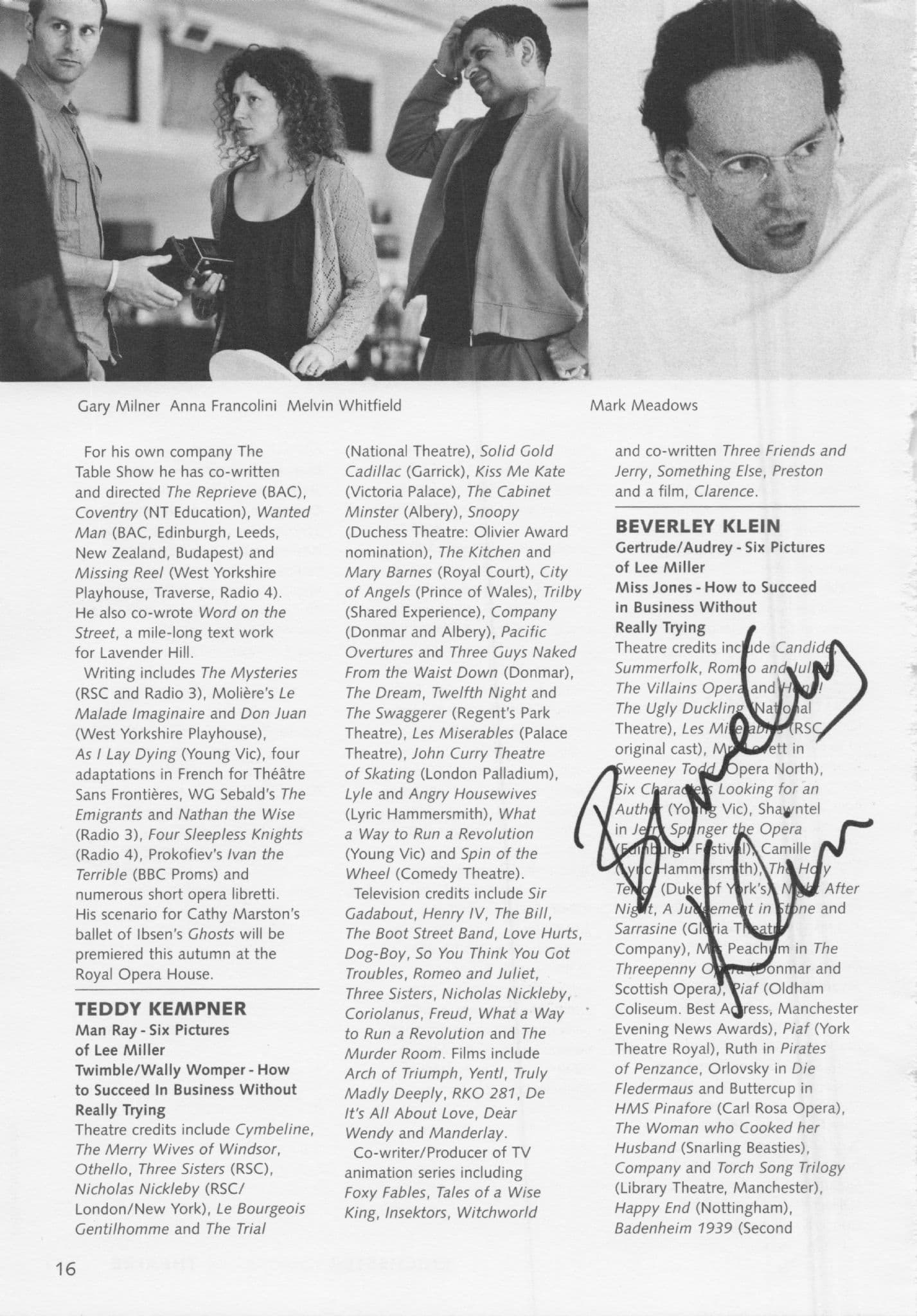 Anna Francolini of Indiana Jones Hand Signed Photo Theatre Page Autograph