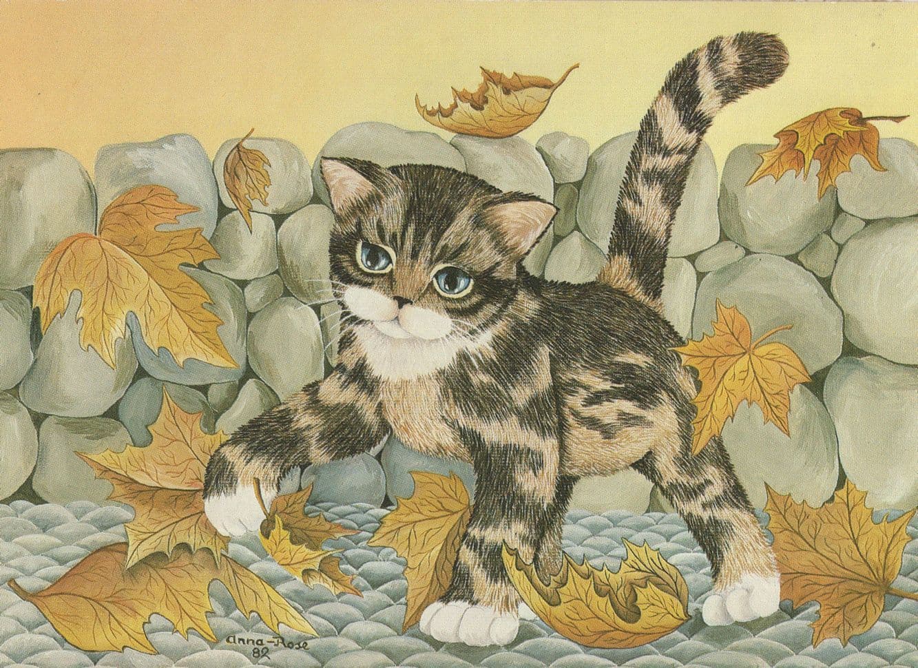 Anna Rose Wurfel Herbst Katzchen 1982 Cat German Painting Postcard