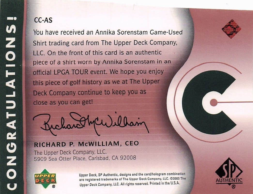 Annika Sorenstam Course Classics 2003 Authentic Worn PGA Tour Golf Shirt Card