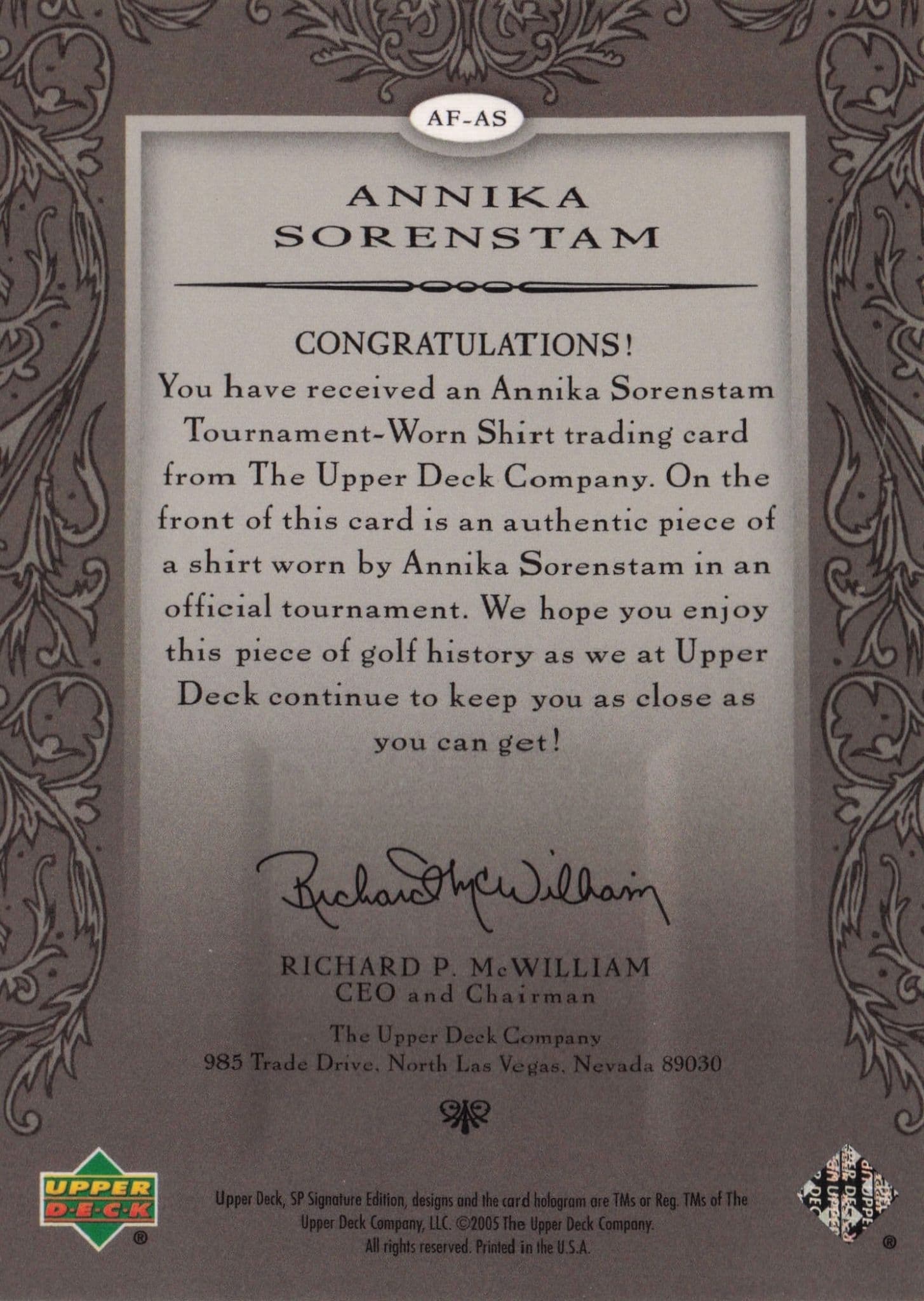 Annika Sorrenstam Authentic Fabrics 2005 SP Golf Upper Deck Worn Shirt Card