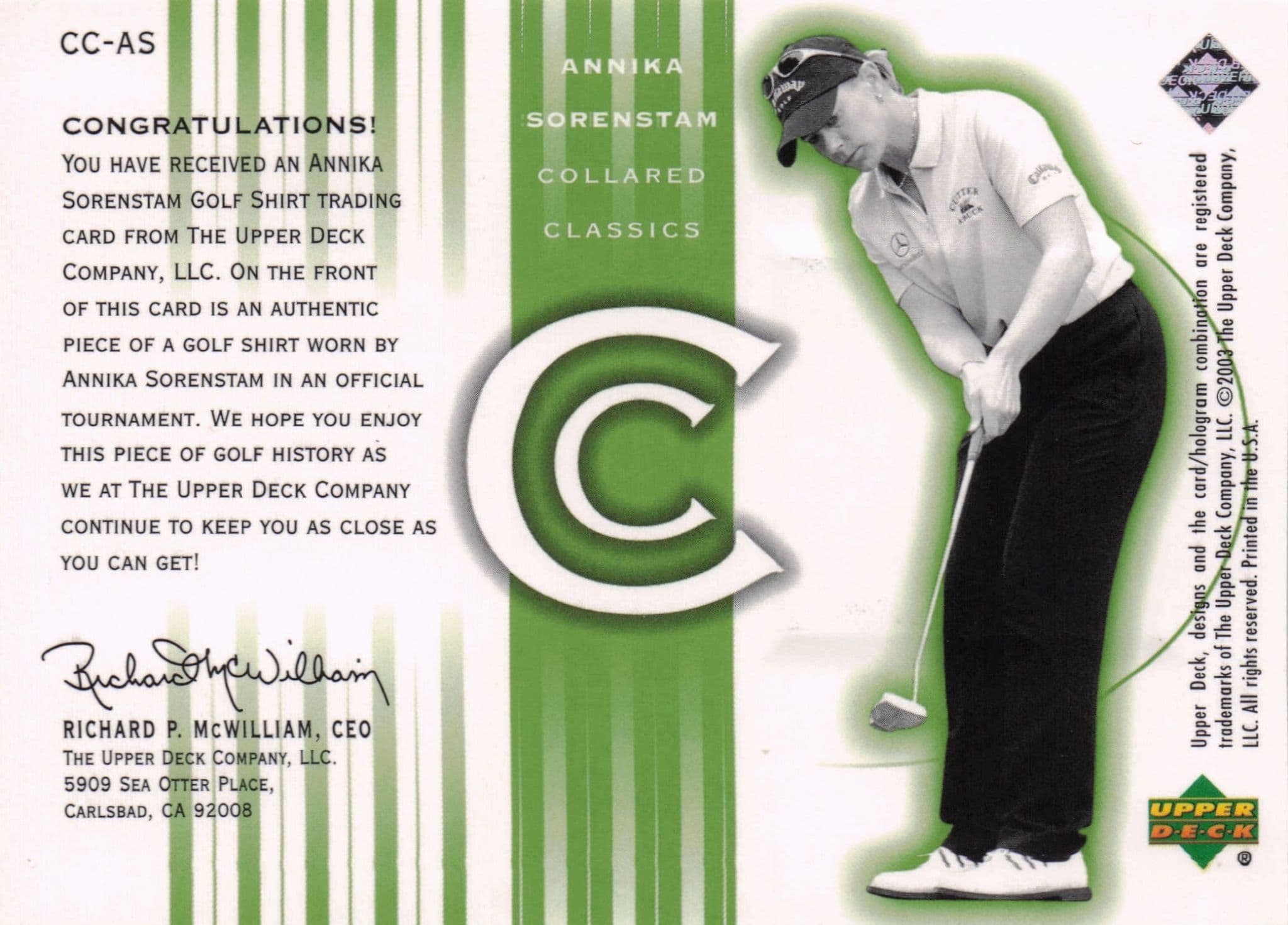 Annika Sorrenstam Collared Classics Golf Shirt Relic Upper Deck 2003 Card