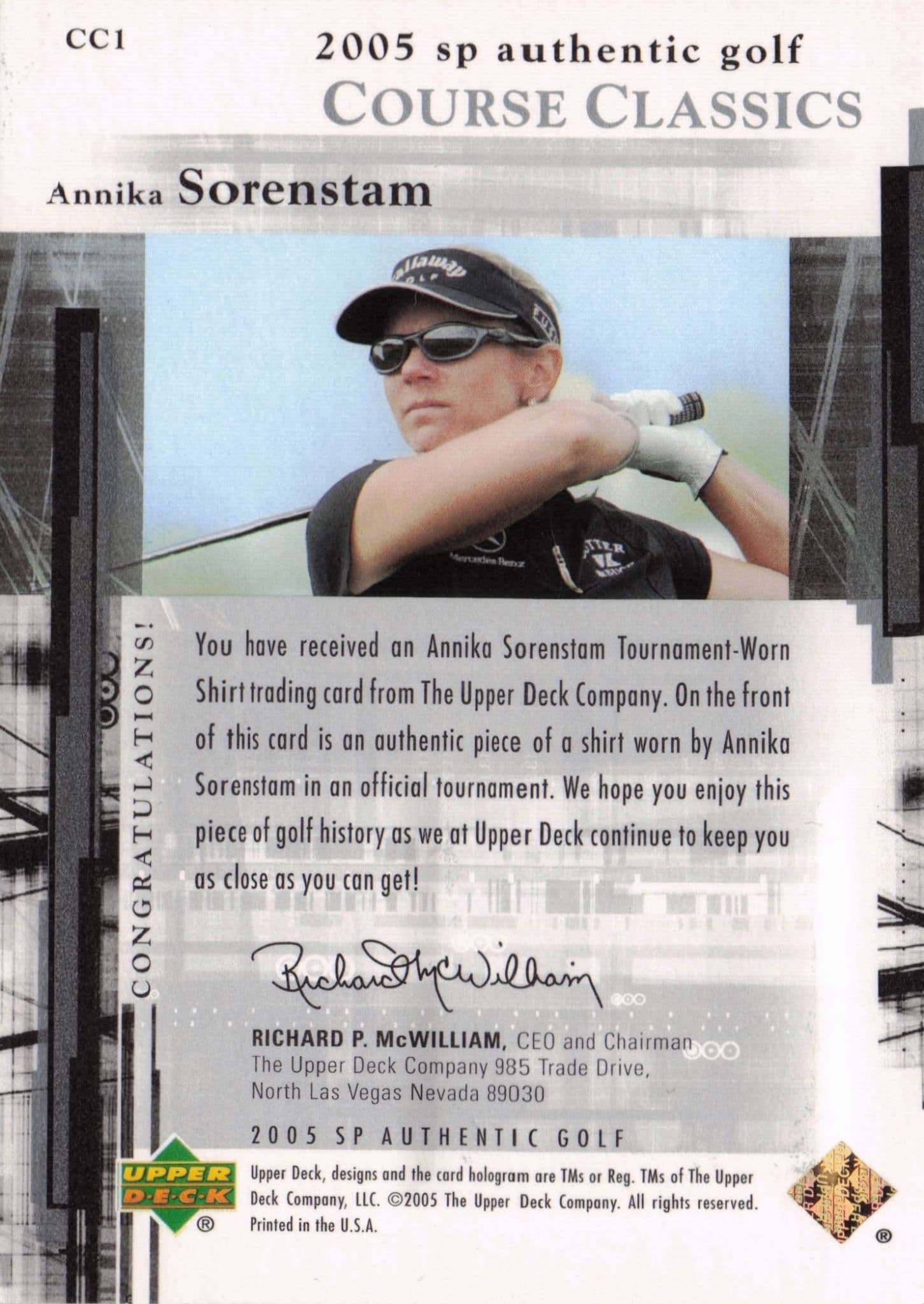 Annika Sorrenstam Course Classics 2005 Golf SP Upper Deck Worn Shirt Card