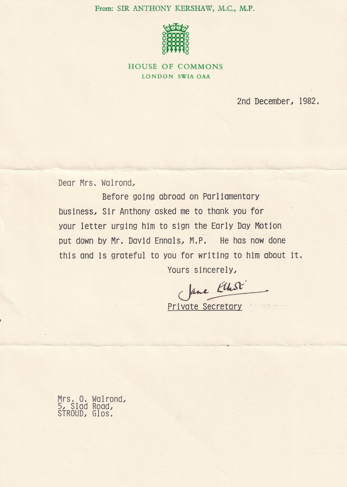 Anthony Kershaw Lancers Captain House Of Commons Conservative MP Headed Paper