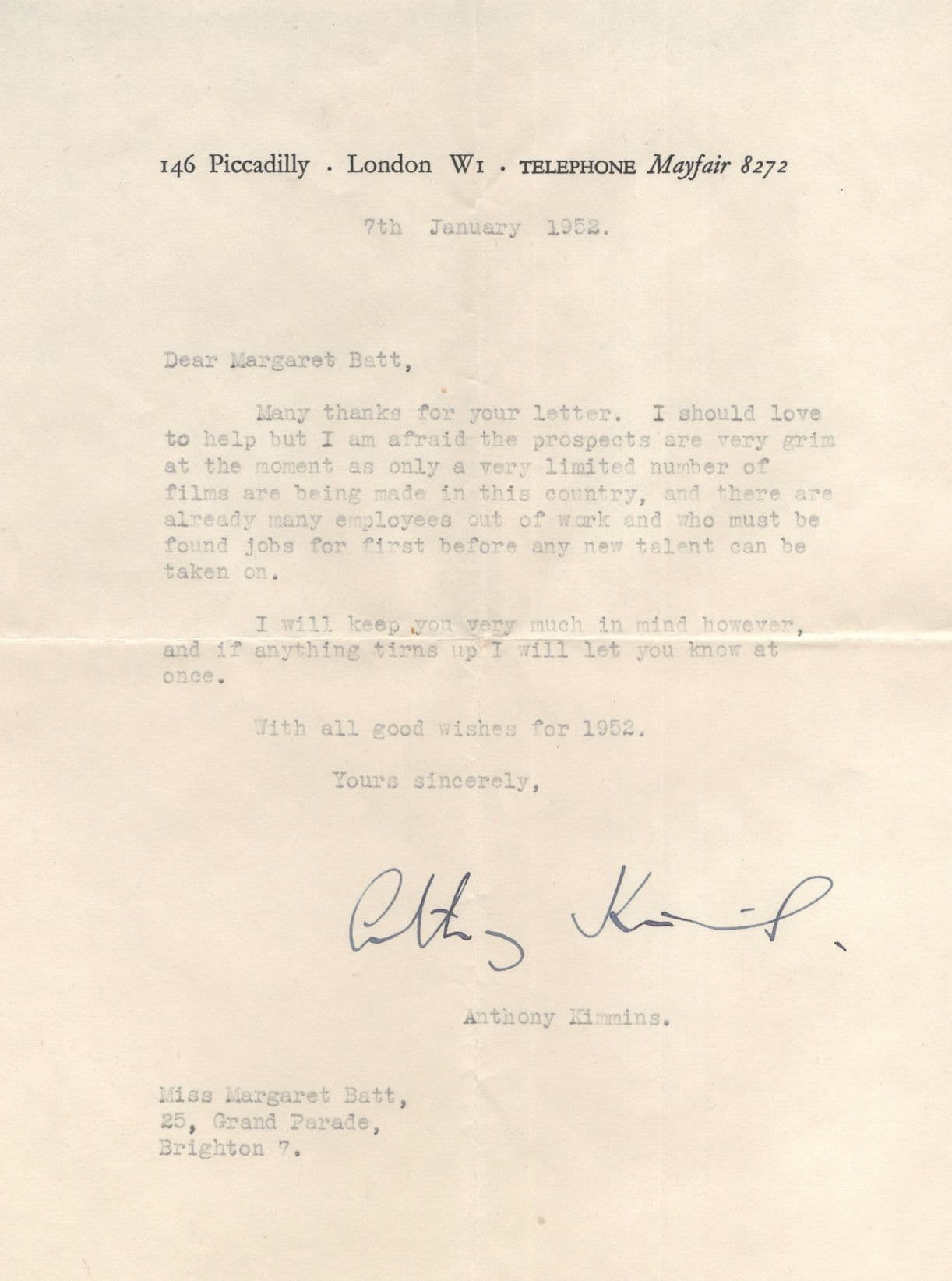 Anthony Kimmins OBE Film Director London Antique Hand Signed Letter