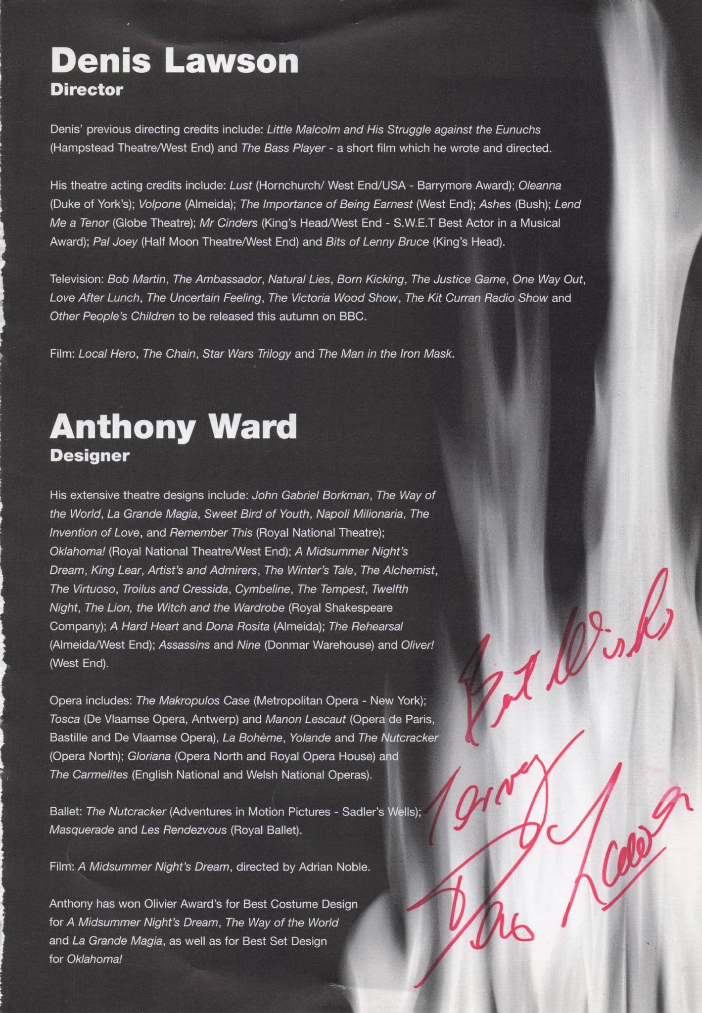 Anthony Ward My Fair Lady La Boheme Oliver Costume Designer Hand Signed Page