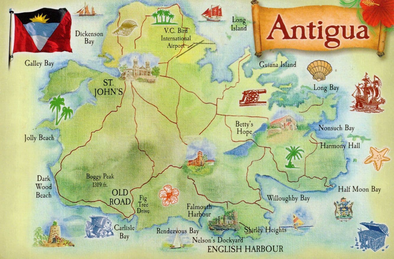 Antigua Map Flag Airport Nelsons Dockyard Ship Cartography Postcard
