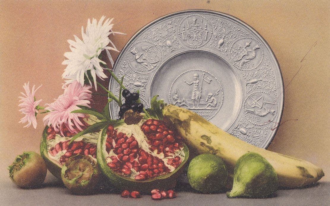 Antique Medieval Knights German Plate With Sliced Melon Banana Postcard