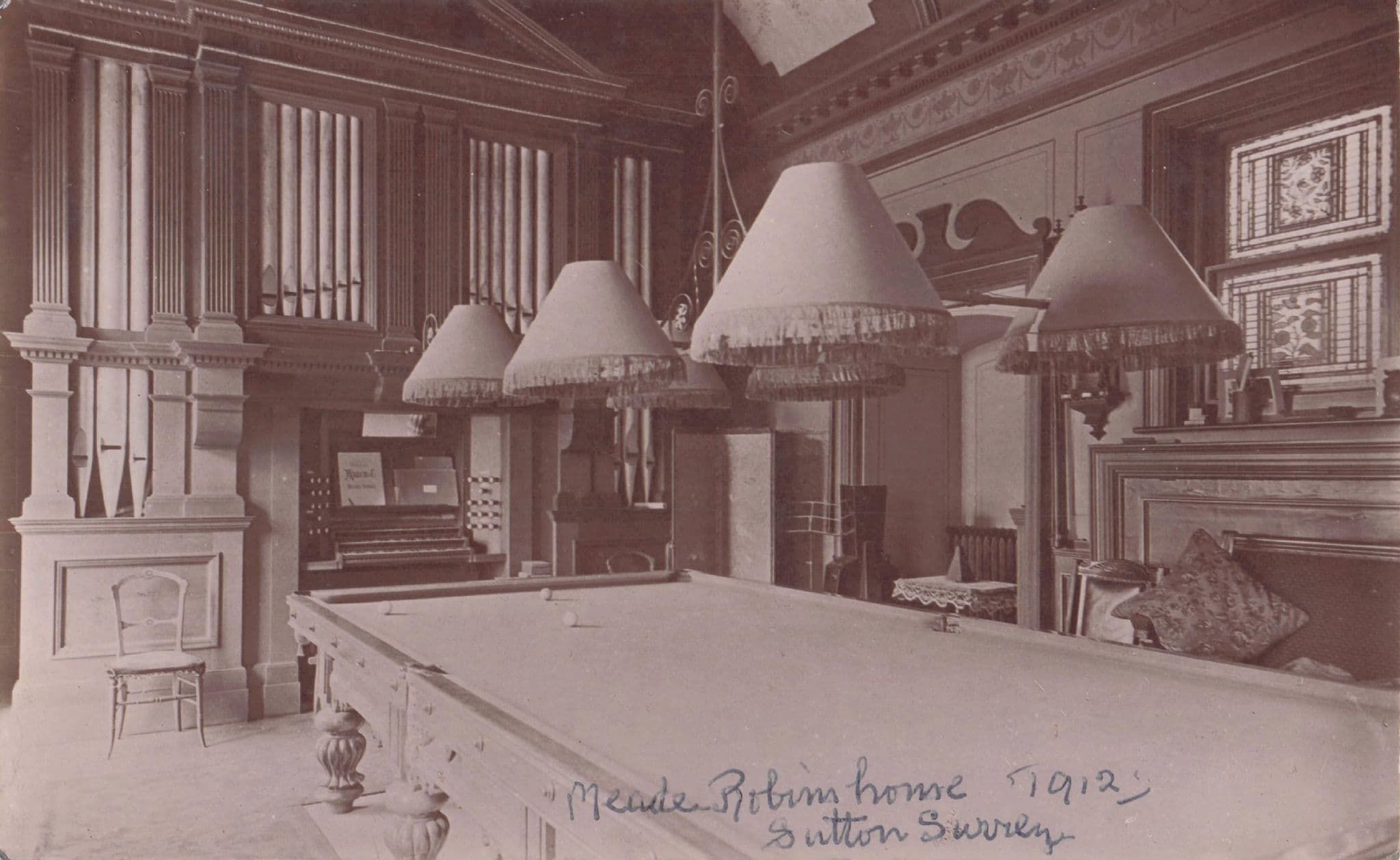 Antique Organ Billiards Room Meade Robins Home Sutton Surrey Postcard