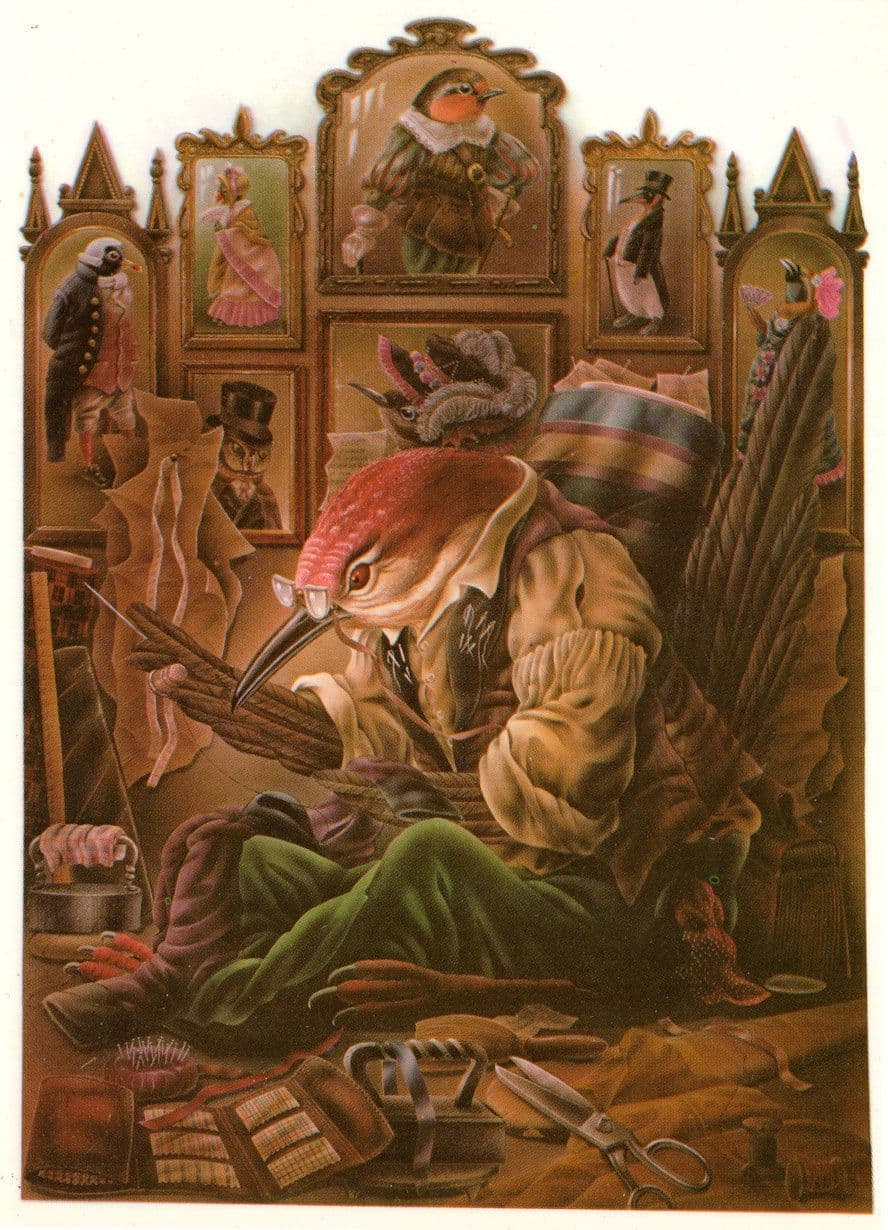 Antique Spectactles on Beak The Tailor Embroidery Bird Making Clothes Postcard