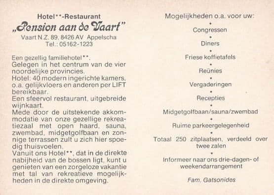 Appelscha Pension Aan De Vaart Hotel Holland 1980s Postcard