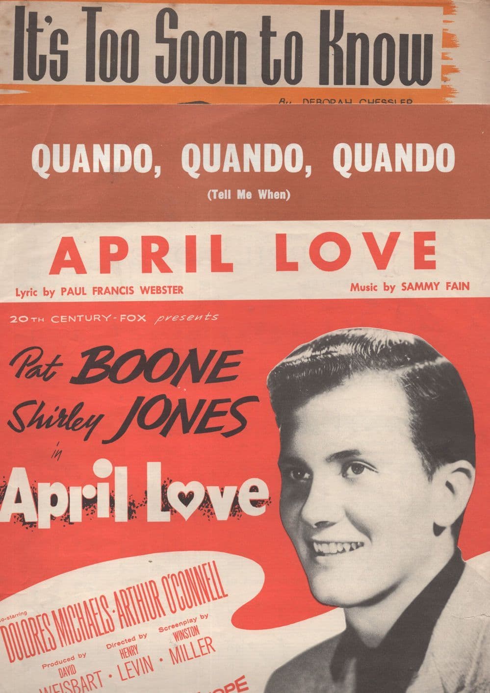 April Love Quando It's Too Soon To Know 3x Pat Boone Sheet Music s