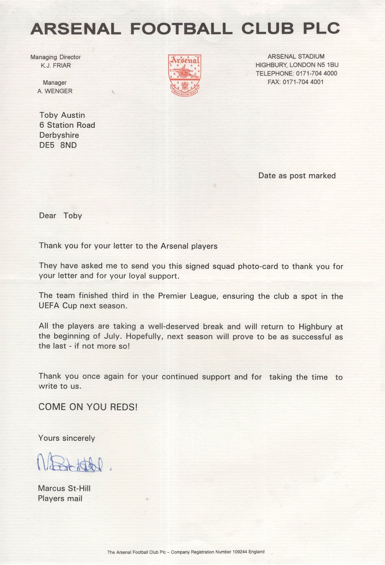 Arsenal Football Vintage Full Squad Signed Photo & Letter From Club