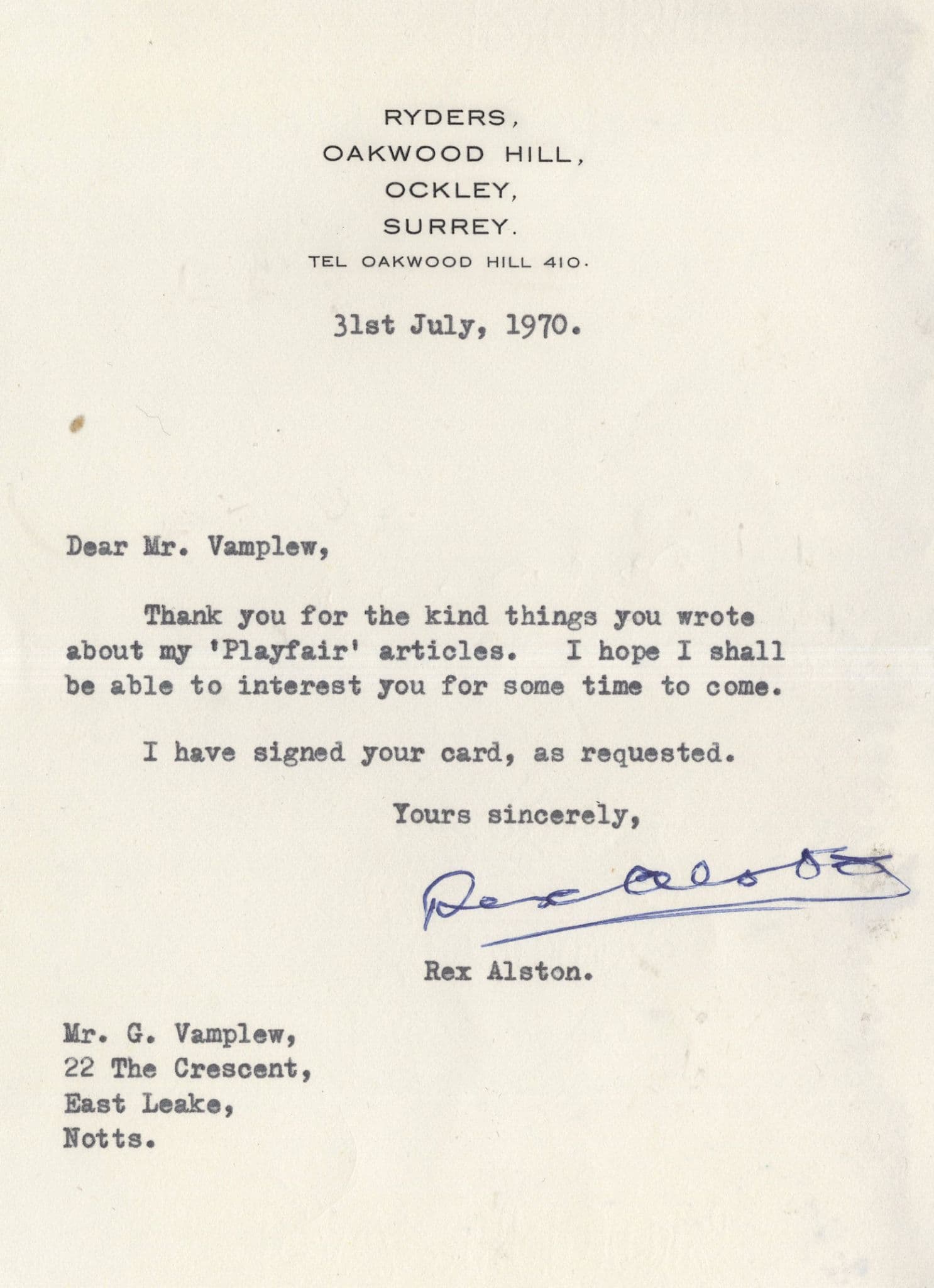 Arthur Rex Alston BBC Cricket Sports Commentator Hand Signed Letter