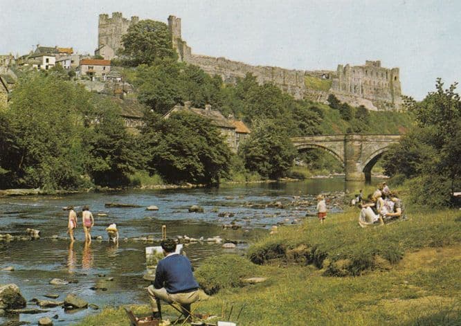 Artist Painting Sunny Day Paddling River Swale 1970s Yorkshire Postcard