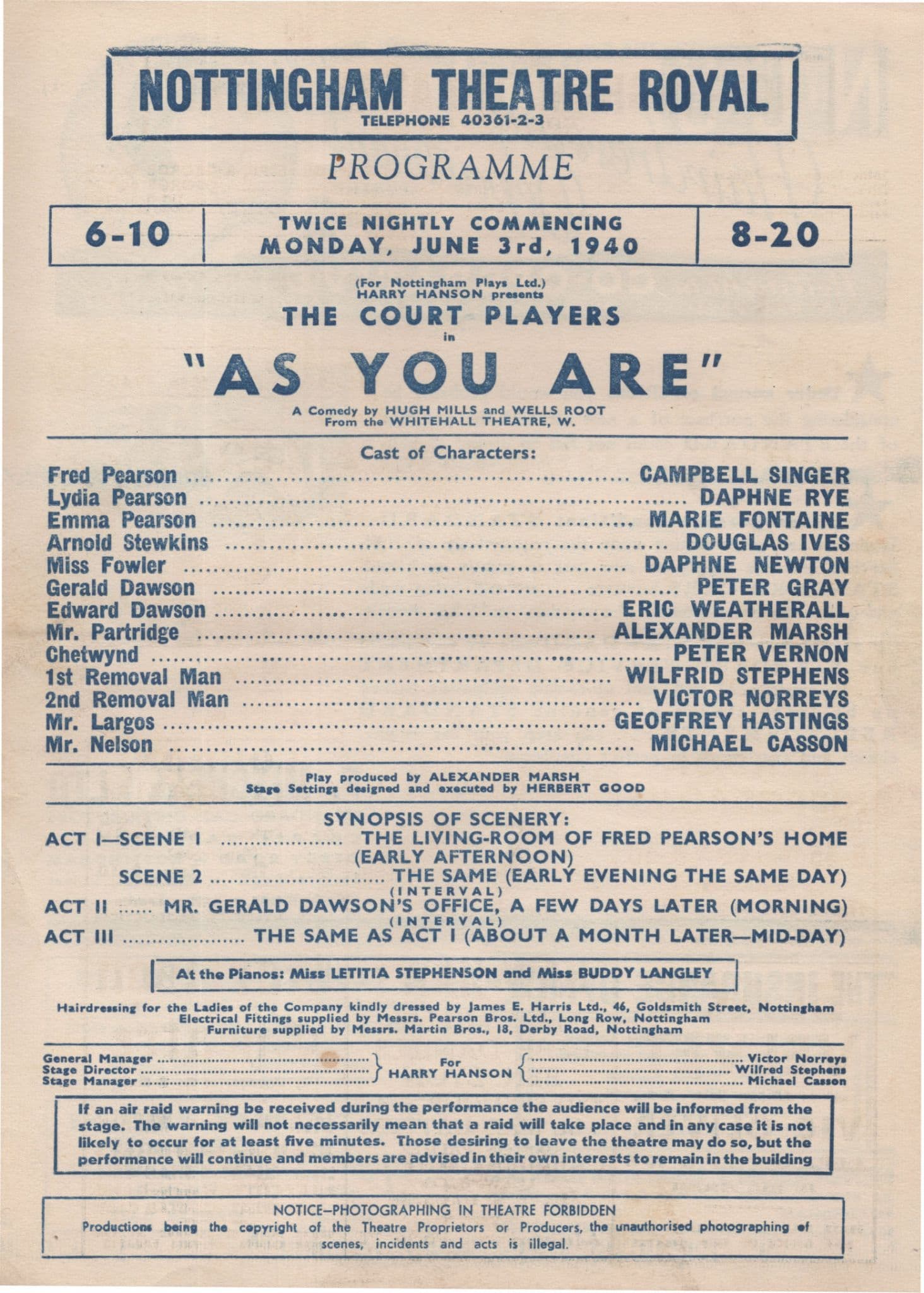 As You Are Campbell Singer Of Tony Hancock Dads Army Nottingham WW2 Theatre Programme