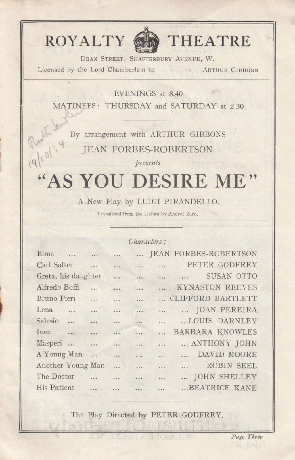 As You Desire Me London Romance Royalty Theatre Programme