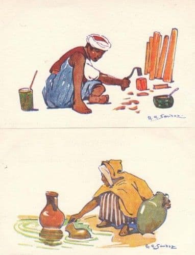 Asian Street Worker Urn River 2x Sandoz Art Postcard
