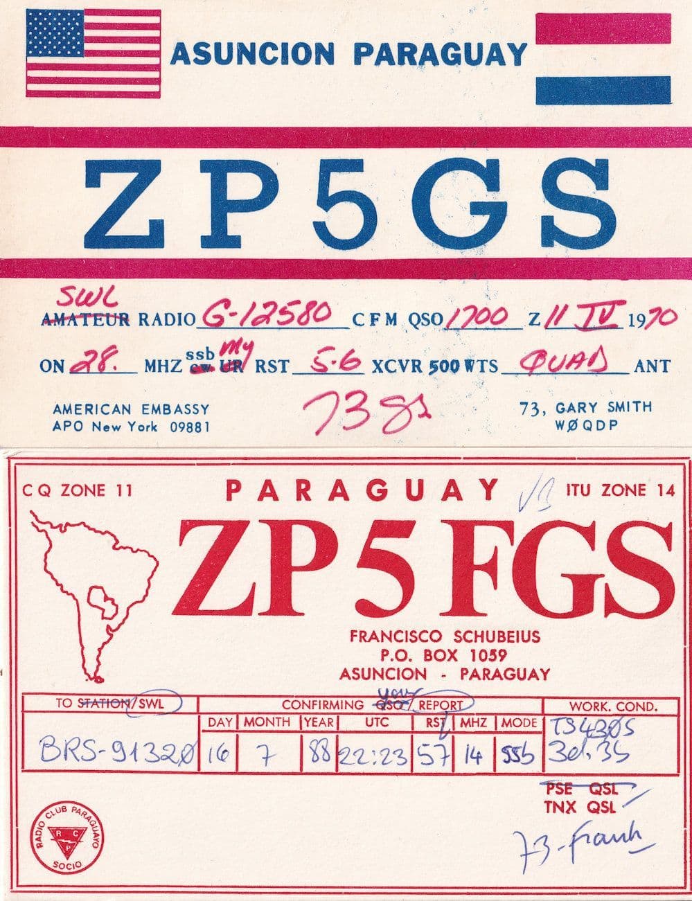 Asuncion Paraguay 2x QSL USA Embassy Amateur Radio Station Card s