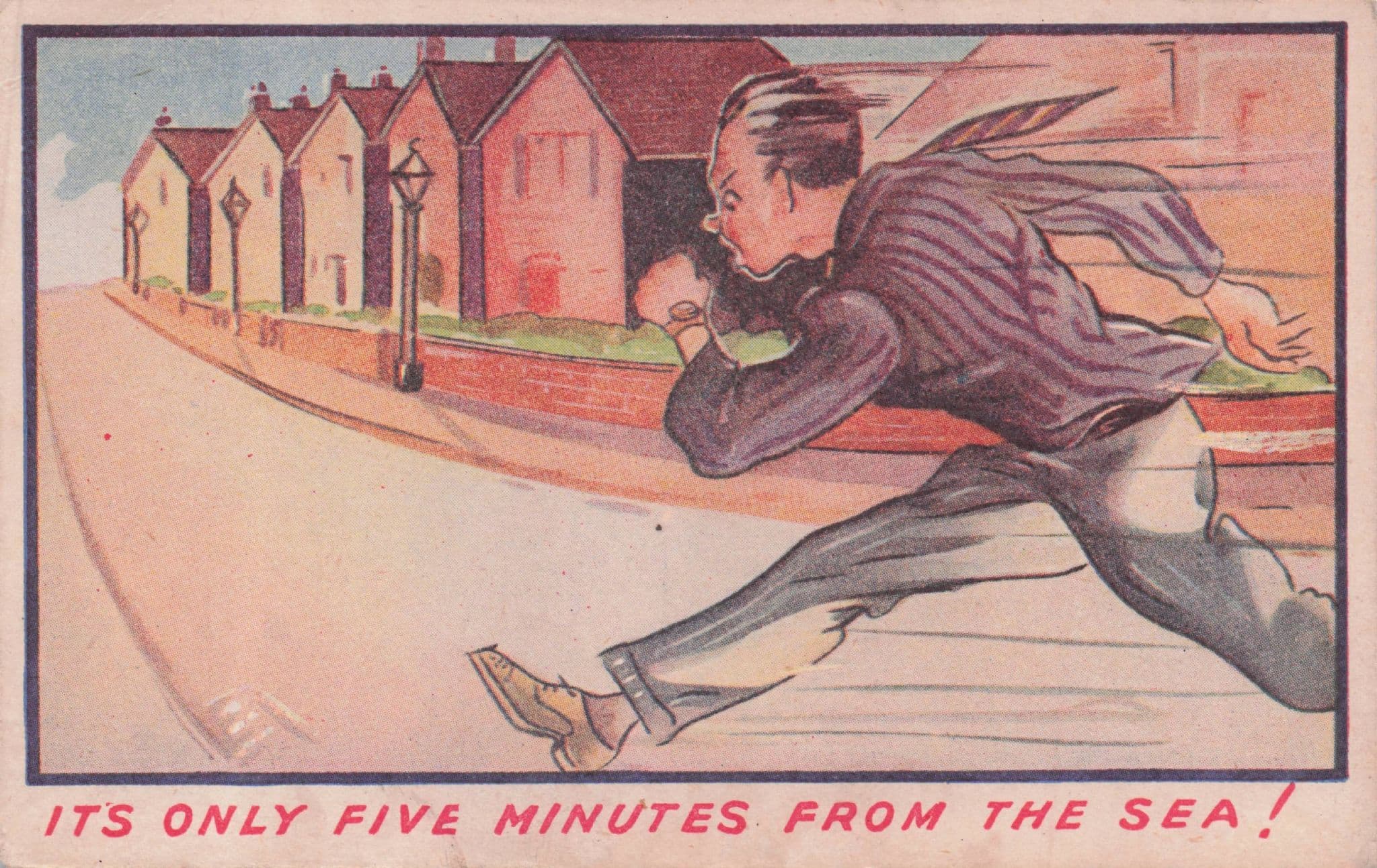 Athlete Posh Man Running To Sea Holiday Antique Comic Postcard