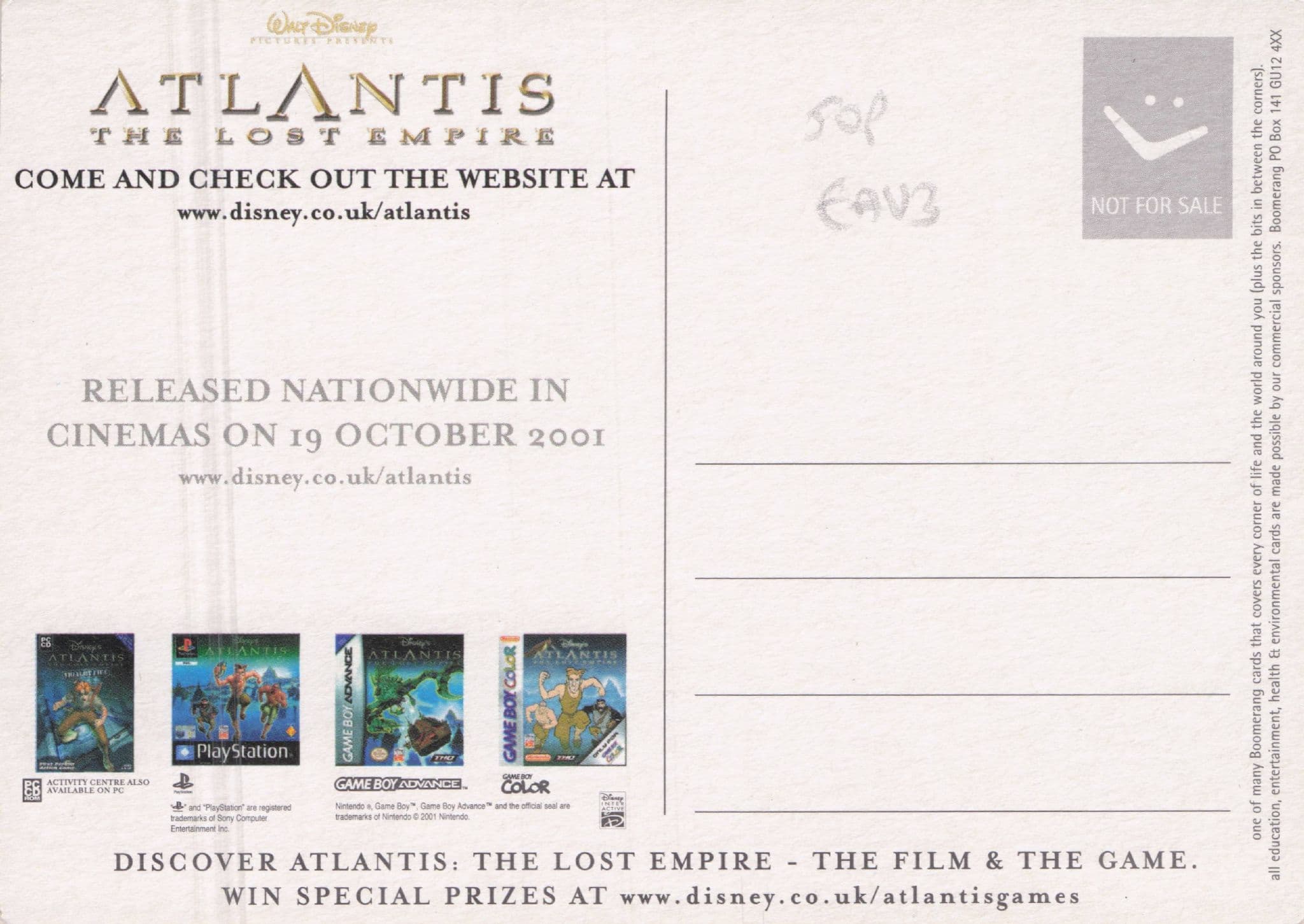 Atlantis The Lost Empire Film Gala & Playstation Game Advertising Postcard