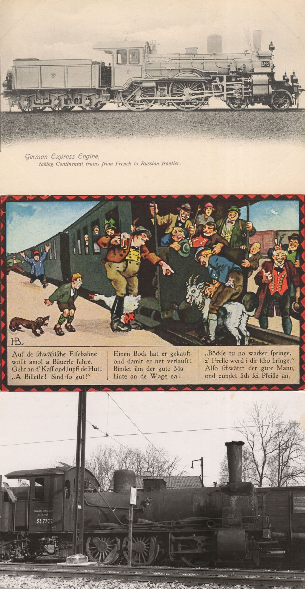 Auf De Schwabische Eisebahne Bild 3x German Prussia Train Comic & Express Engine Postcard s